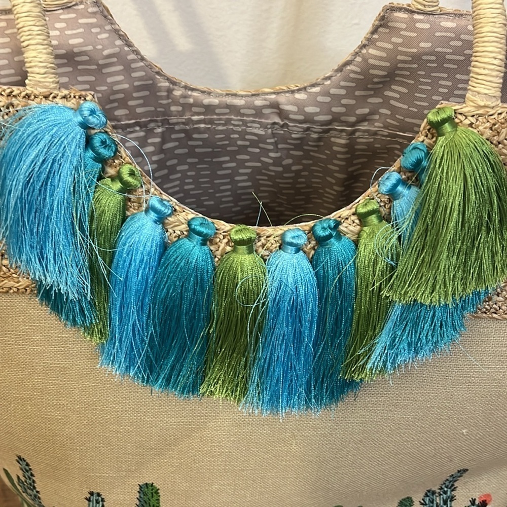 Sakroots Artist Circle Lola Beach Bag Natural Mojave Mirage Straw Tassels cactus - Picture 2 of 12